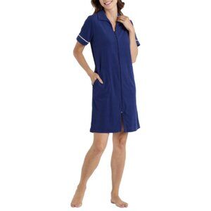 Miss Elaine Women's Short-Sleeve Solid Short Zip Robe Navy L NWT